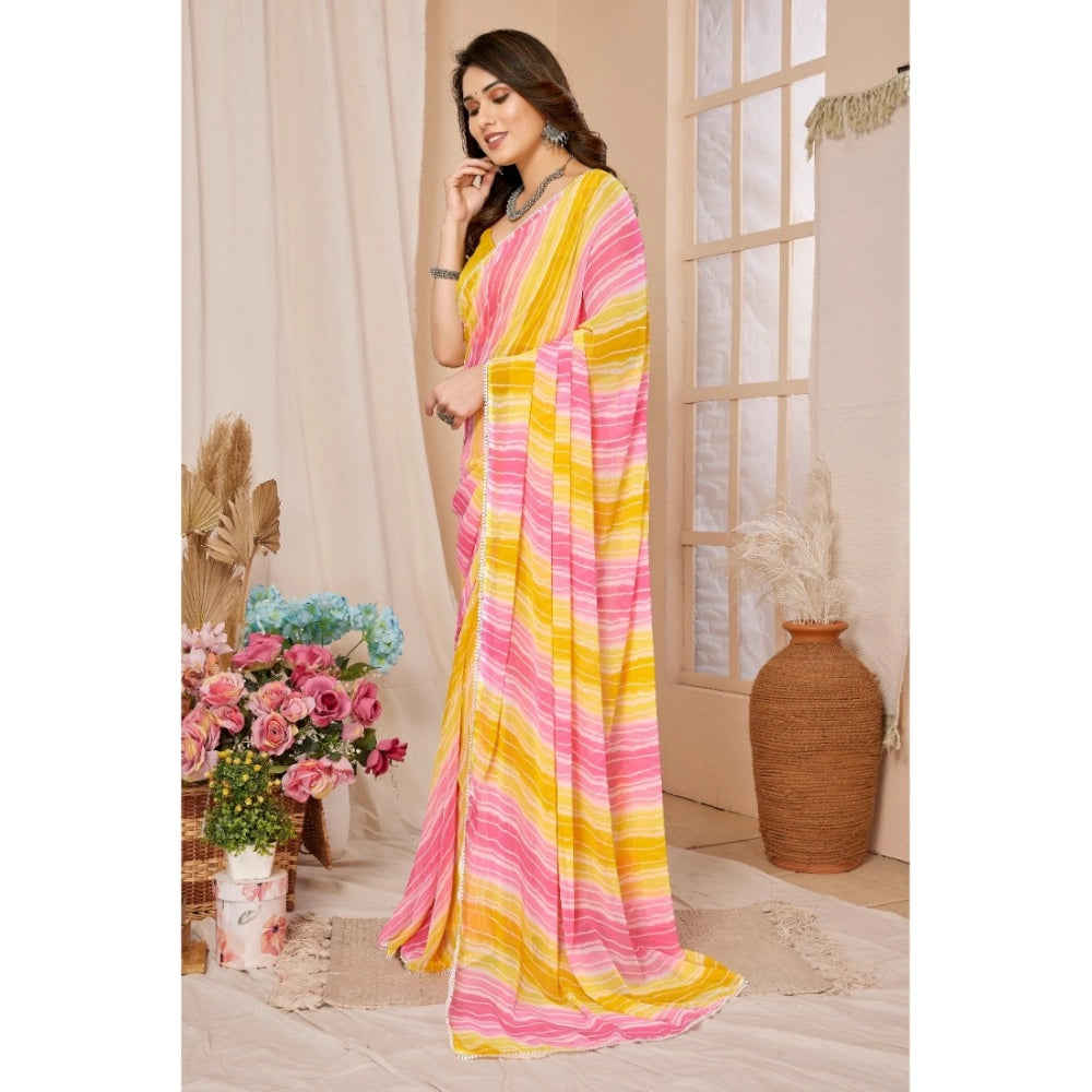 Generic Women's Small Lace Georgette Striped Ready-to-Wear Saree With Unstitched Blouse 5.5 Mtr (Yellow-Pink) Main image