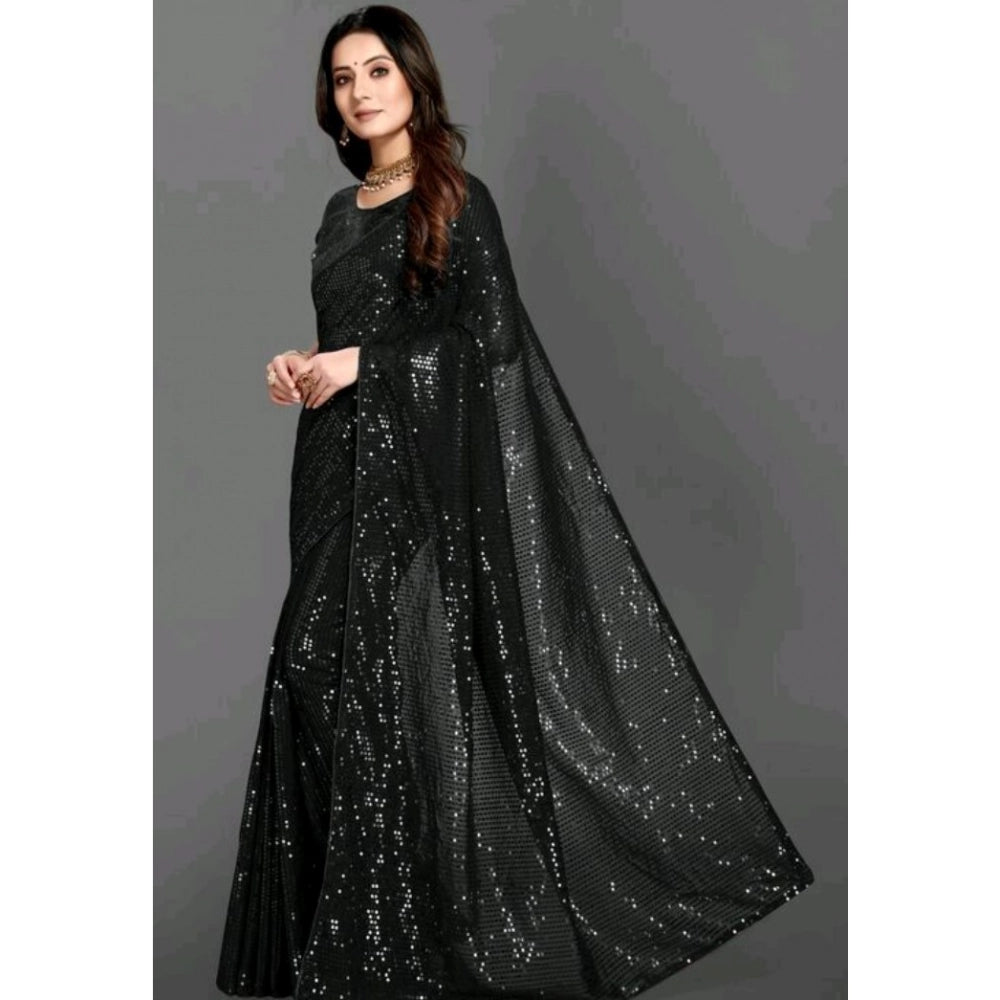 Generic Women's Georgette Embellished Sequnece Bollywood Saree With Unstitched Blouse 5.5Mtr (Black) Secondary image