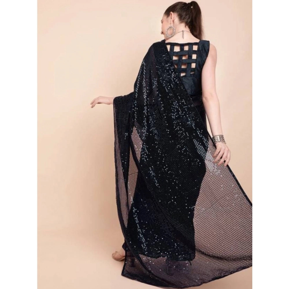 Generic Women's Georgette Embellished Sequnece Bollywood Saree With Unstitched Blouse 5.5Mtr (Black) Secondary image