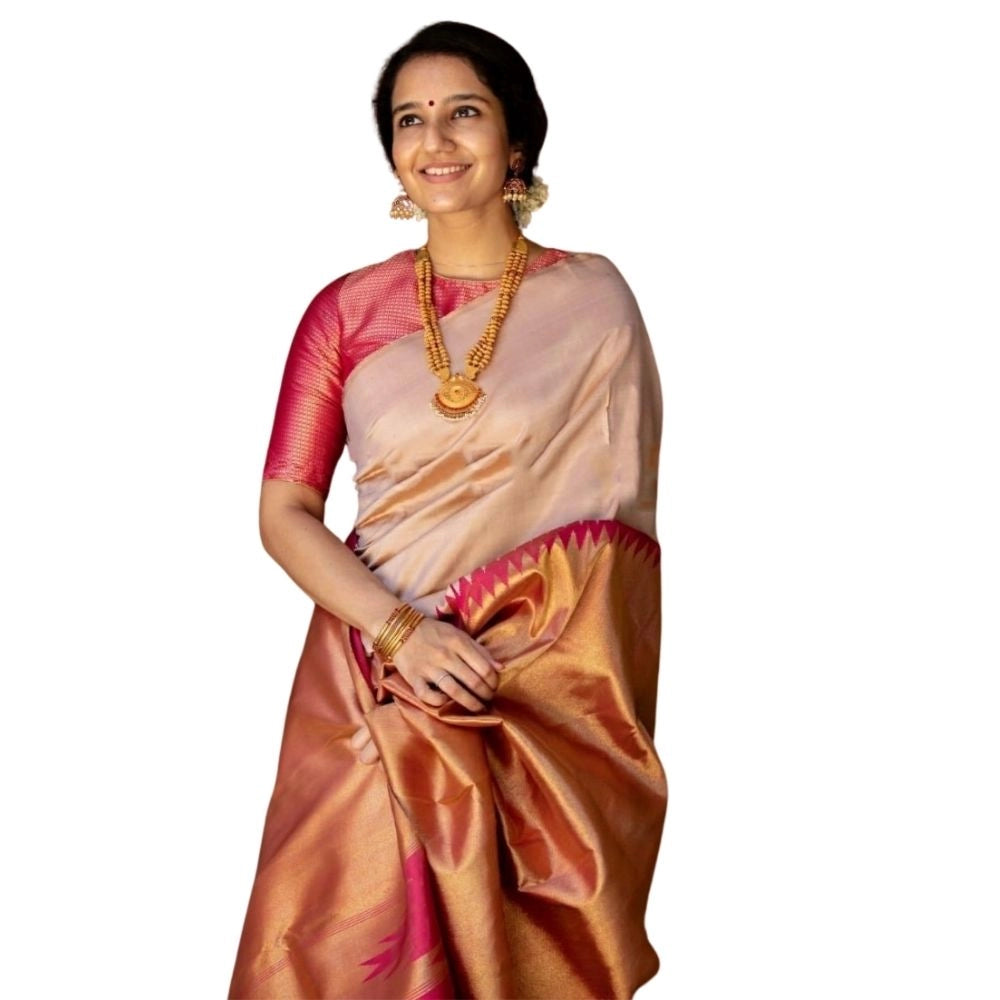 Generic Women's Silk Printed Saree With Unstitched Blouse 5.5Mtr (Cream) Main image