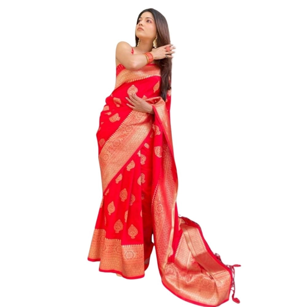 Generic Women's Silk Printed Saree With Unstitched Blouse 5.5Mtr (Red) Main image
