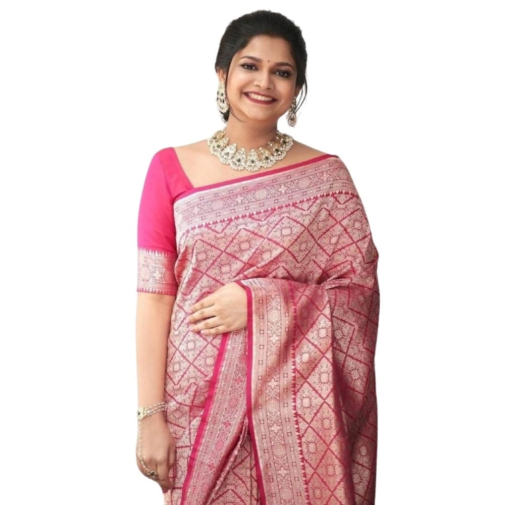 Generic Women's Silk Printed Saree With Unstitched Blouse 5.5Mtr (Pink) Main image