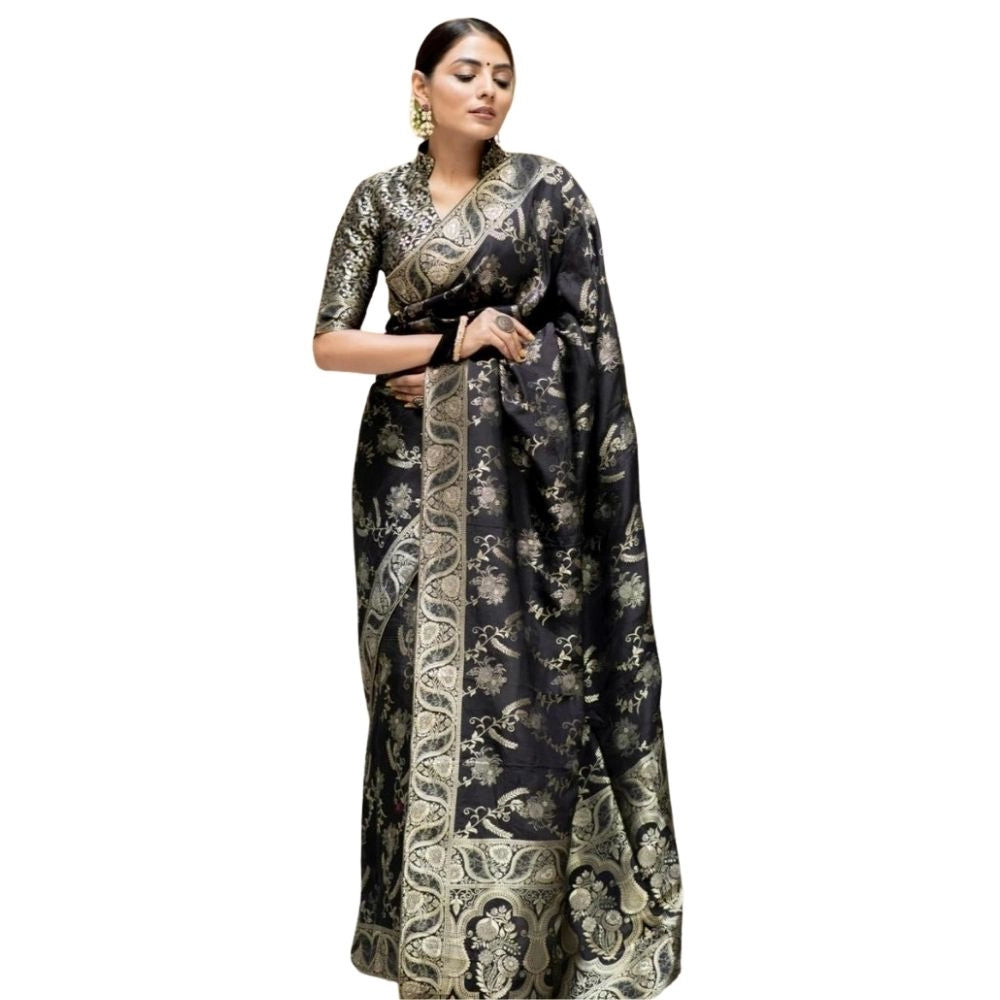 Generic Women's Silk Printed Saree With Unstitched Blouse 5.5Mtr (Black) Main image
