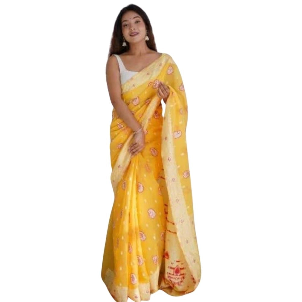 Generic Women's Cotton  Printed Saree With Unstitched Blouse 5.5Mtr (Yellow) Main image