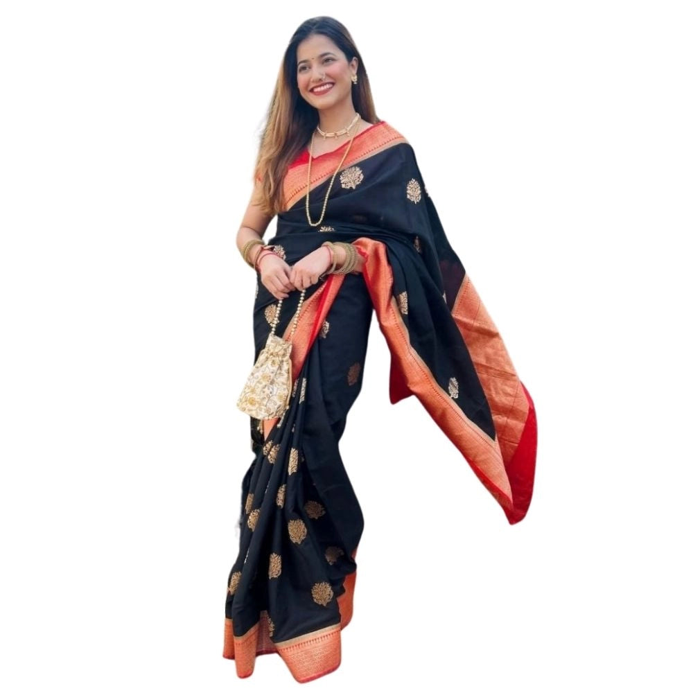 Generic Women's Silk Printed Saree With Unstitched Blouse 5.5Mtr (Black-Red) Main image