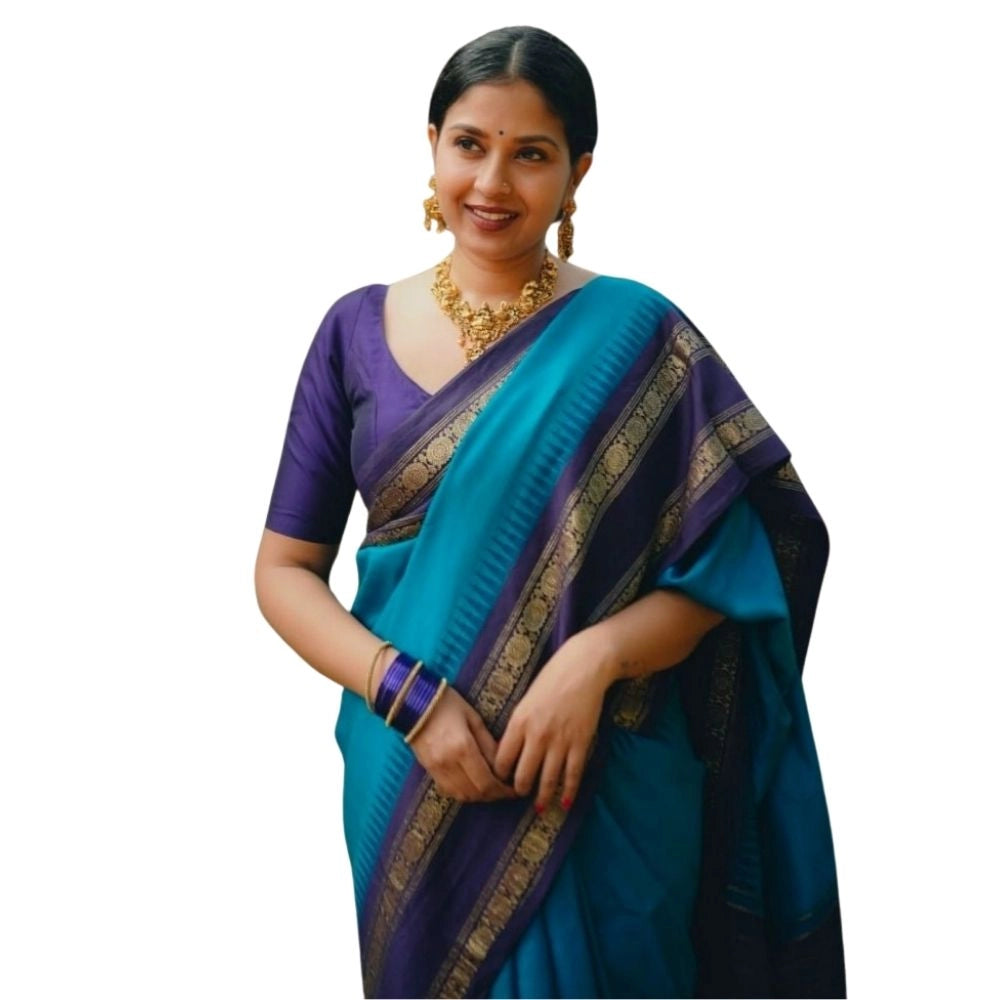 Generic Women's Silk Printed Saree With Unstitched Blouse 5.5Mtr (Blue) Main image
