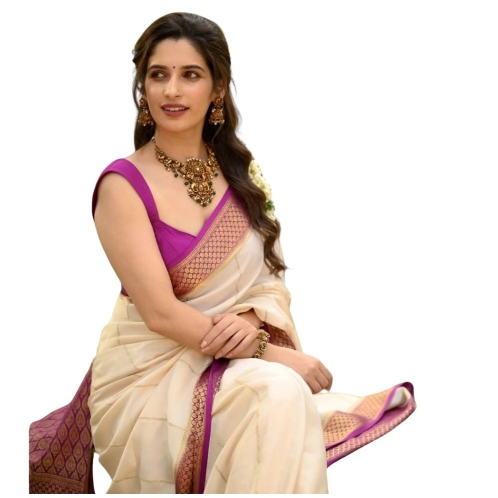 Generic Women's Silk Printed Saree With Unstitched Blouse 5.5Mtr (Off White-Pink) Main image