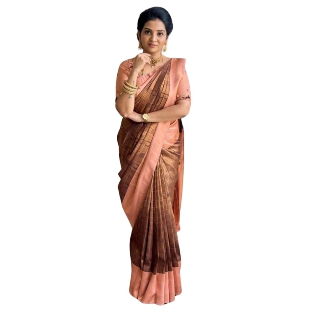 Generic Women's Silk Printed Saree With Unstitched Blouse 5.5Mtr (Brown) Main image