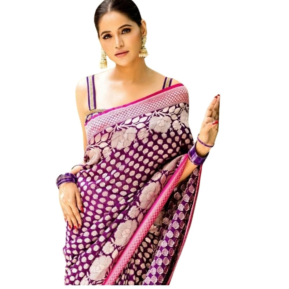 Generic Women's Silk Printed Saree With Unstitched Blouse 5.5Mtr (Purple) Main image