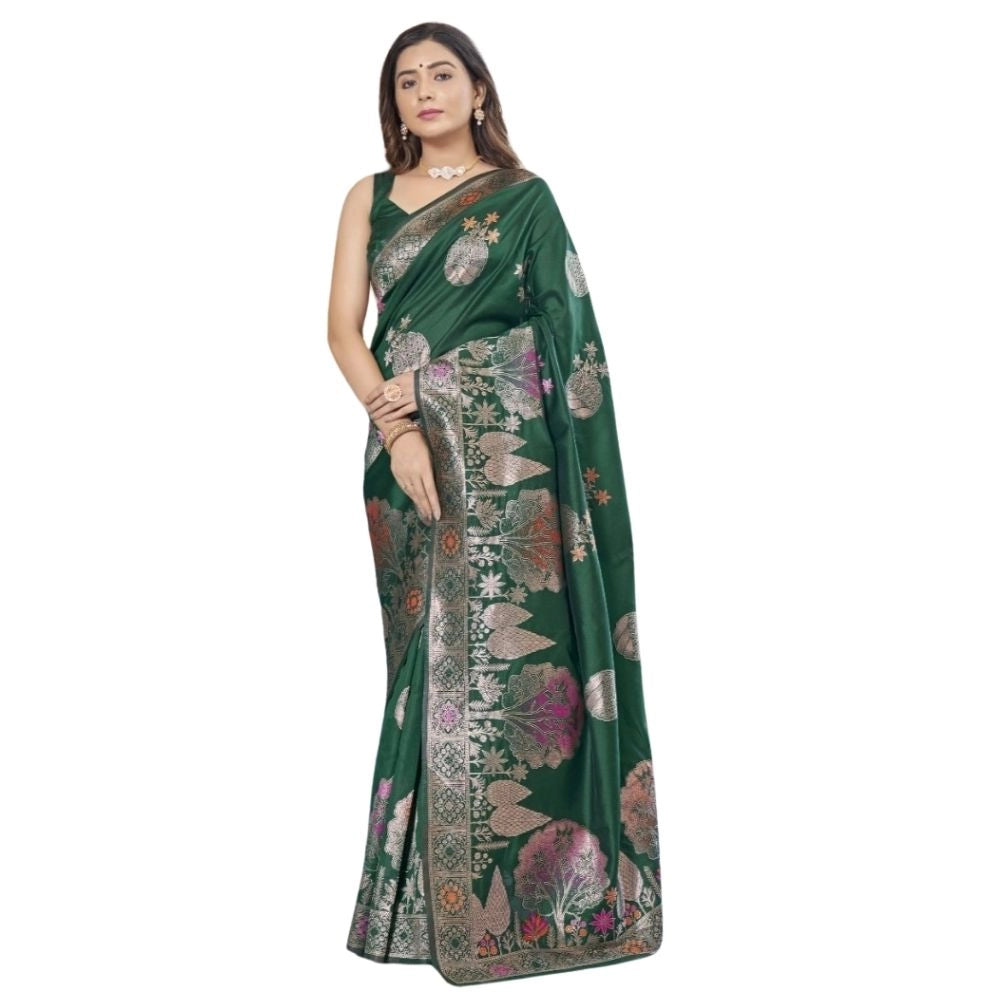 Generic Women's Silk Printed Saree With Unstitched Blouse 5.5Mtr (Green) Main image