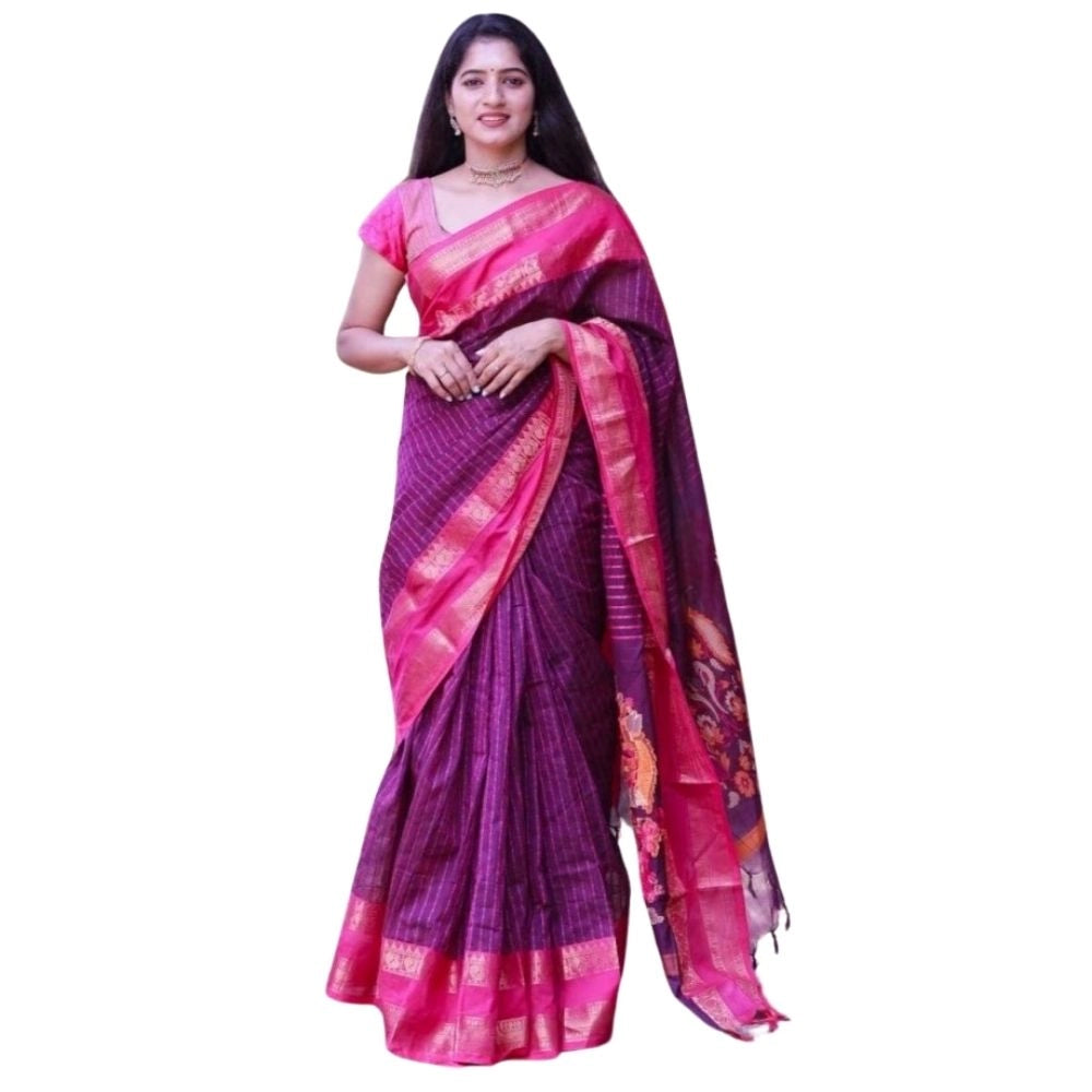 Generic Women's Silk Printed Saree With Unstitched Blouse 5.5Mtr (Purple) Main image