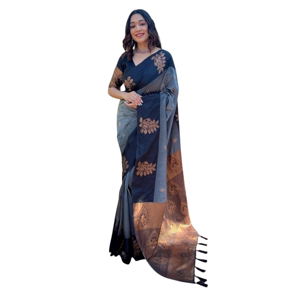 Generic Women's Silk Printed Saree With Unstitched Blouse 5.5Mtr (Grey) Main image