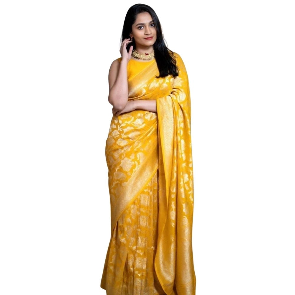 Generic Women's Silk Printed Saree With Unstitched Blouse 5.5Mtr (Yellow) Main image