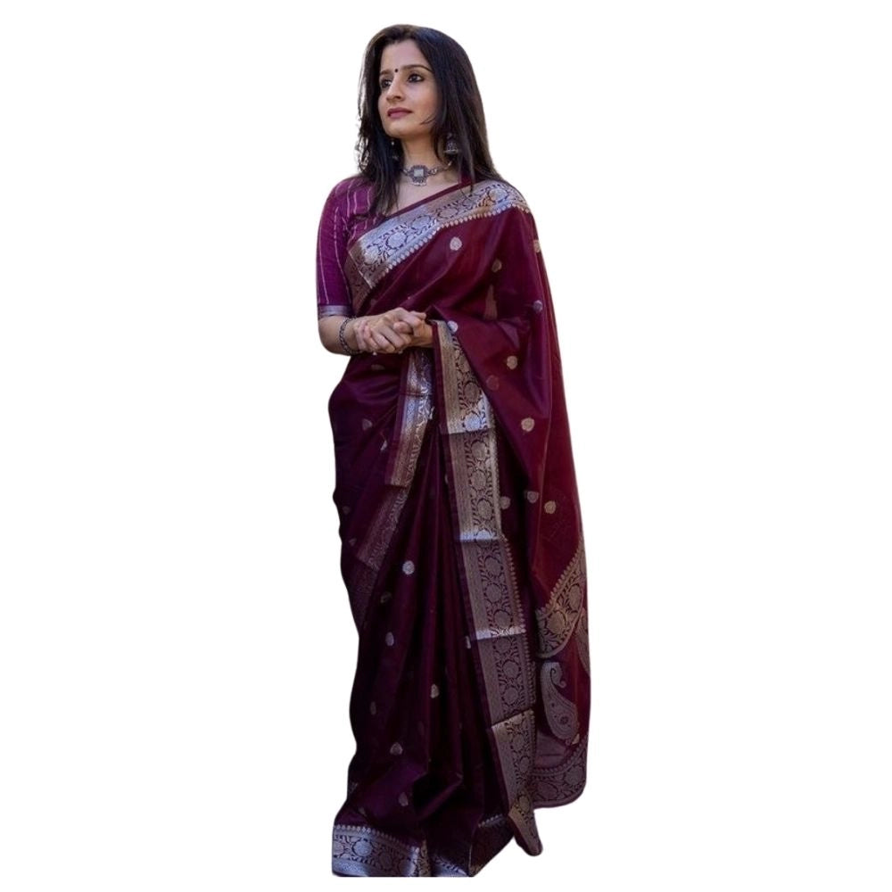 Generic Women's Cotton  Printed Saree With Unstitched Blouse 5.5Mtr (Maroon) Main image