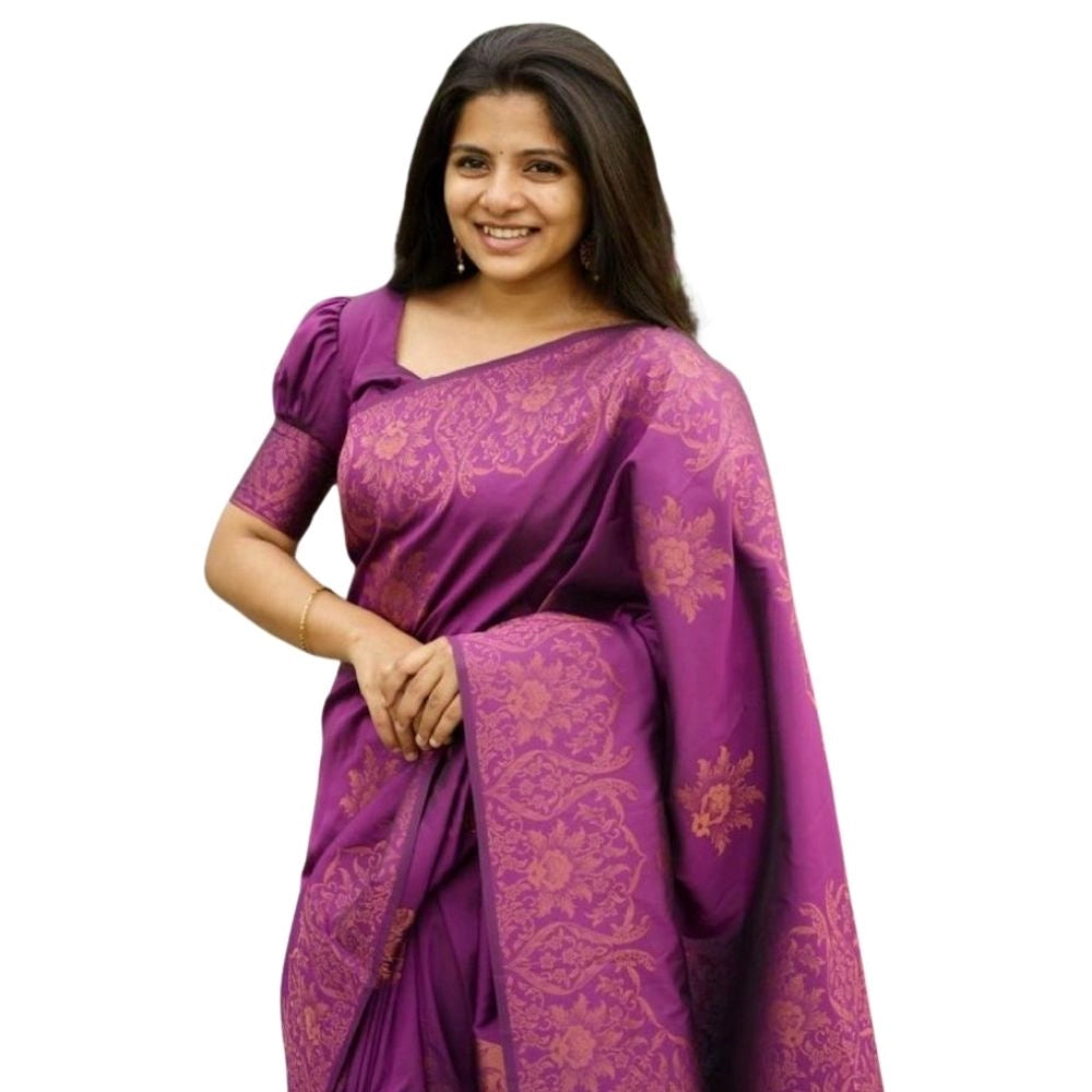 Generic Women's Silk Printed Saree With Unstitched Blouse 5.5Mtr (Purple) Main image