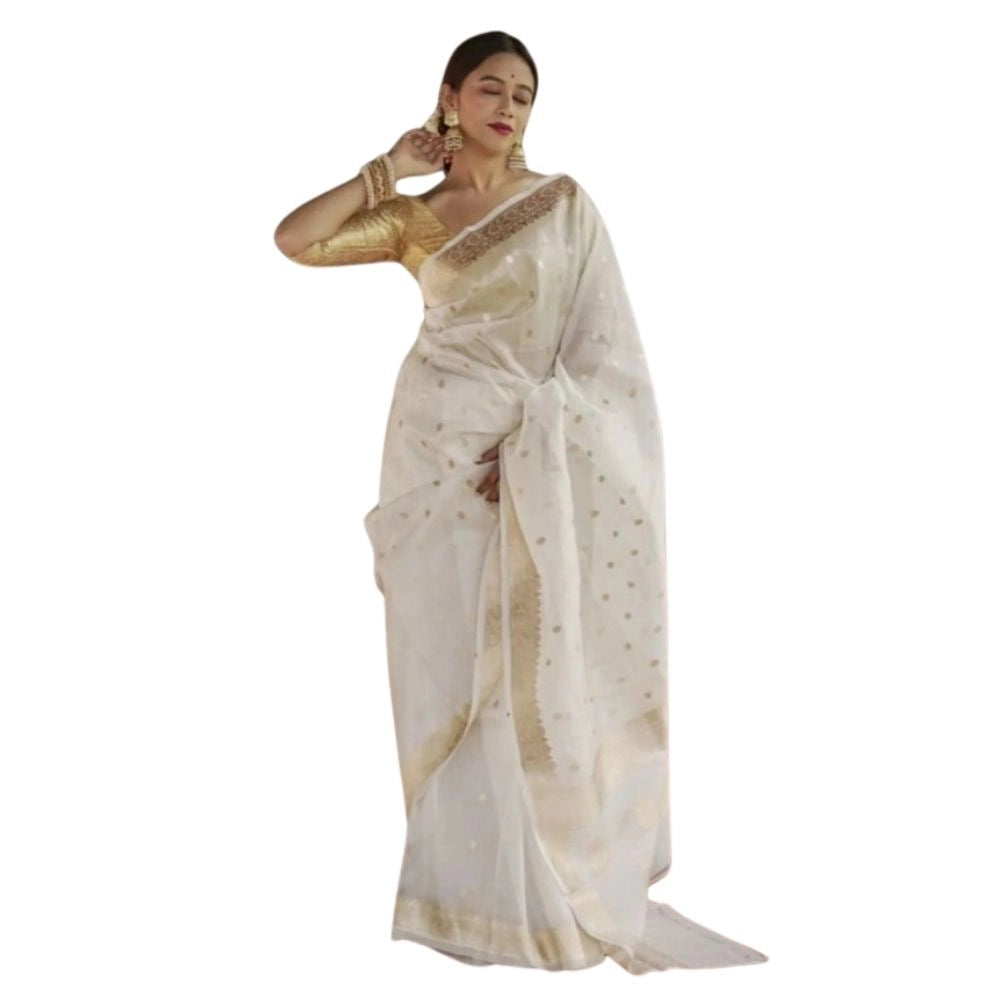 Generic Women's Cotton  Printed Saree With Unstitched Blouse 5.5Mtr (White) Main image