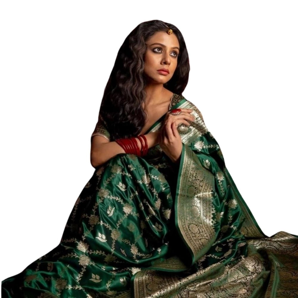 Generic Women's Silk Printed Saree With Unstitched Blouse 5.5Mtr (Dark Green) Main image