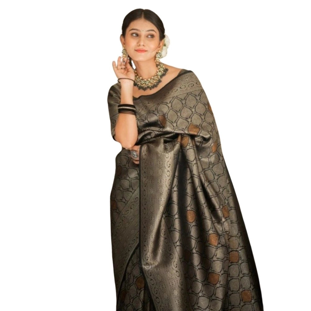 Generic Women's Silk Printed Saree With Unstitched Blouse 5.5Mtr (Black) Main image
