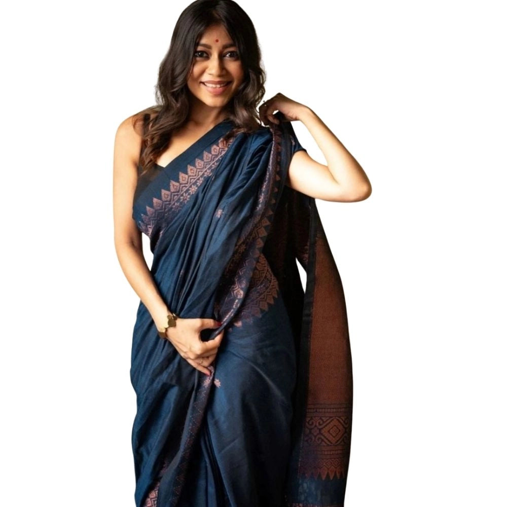 Generic Women's Silk Printed Saree With Unstitched Blouse 5.5Mtr (Navy Blue) Main image