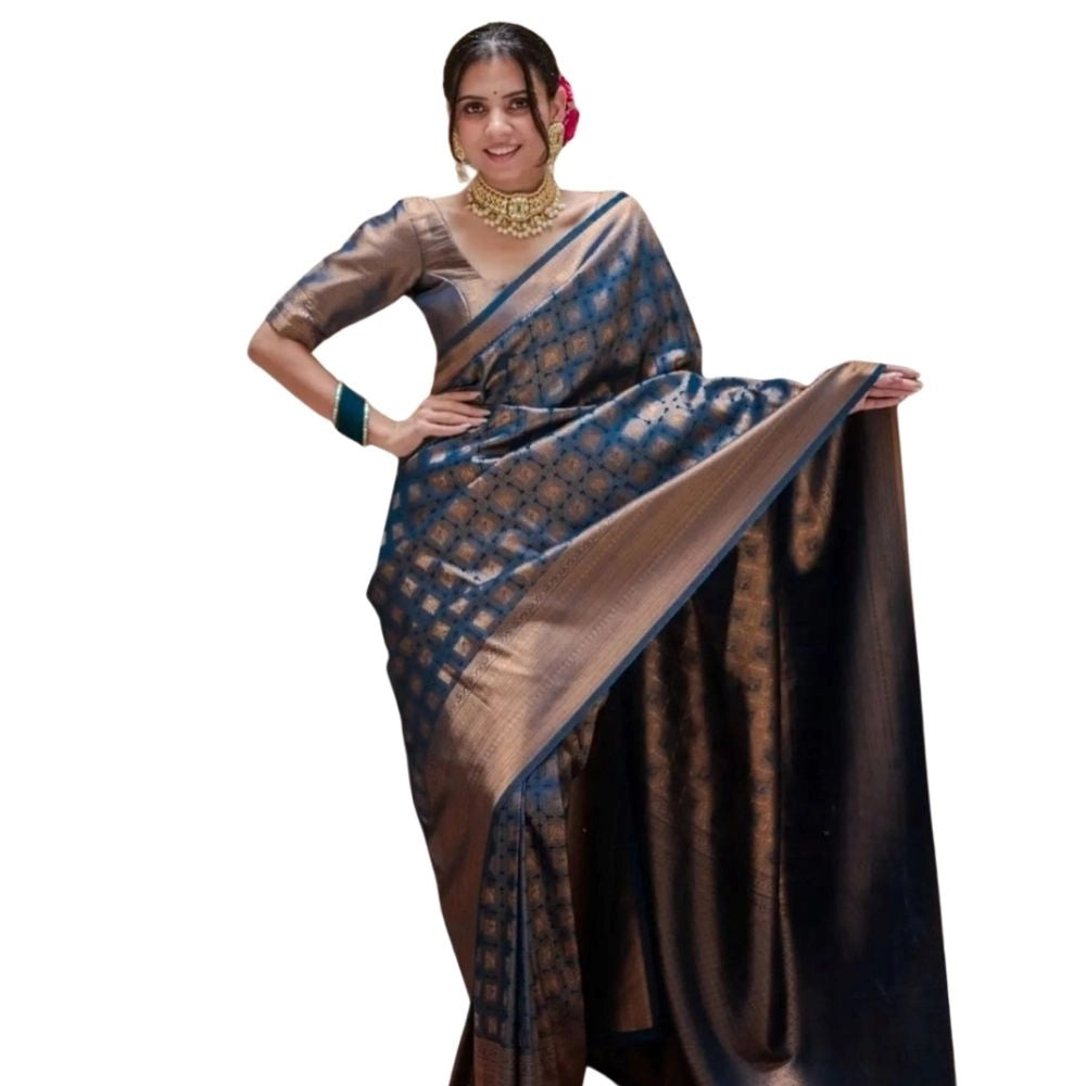 Generic Women's Silk Printed Saree With Unstitched Blouse 5.5Mtr (Blue) Main image