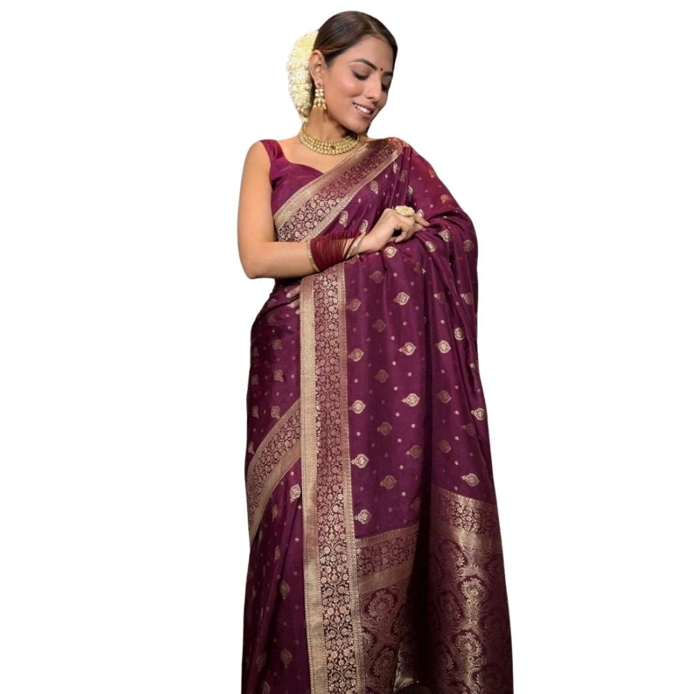 Generic Women's Silk Printed Saree With Unstitched Blouse 5.5Mtr (Wine) Main image