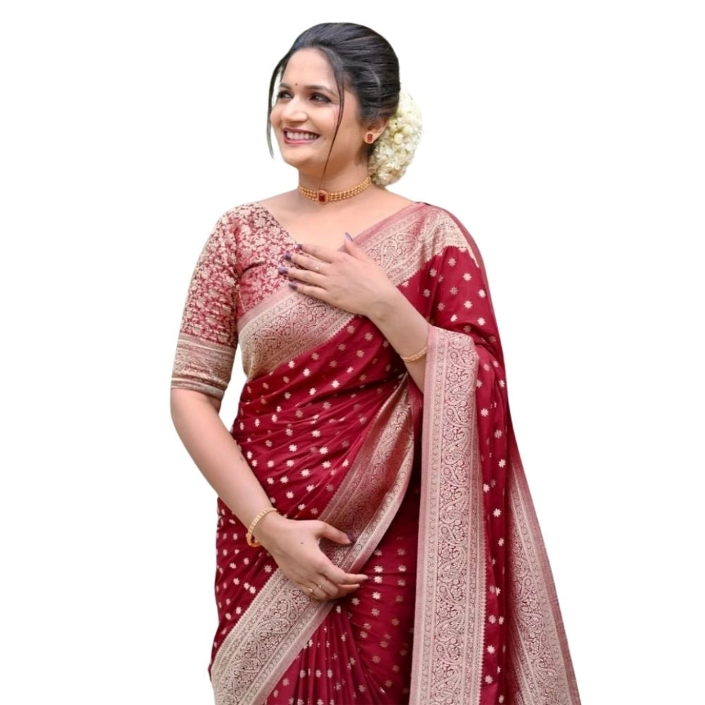 Generic Women's Silk Printed Saree With Unstitched Blouse 5.5Mtr (Maroon) Main image