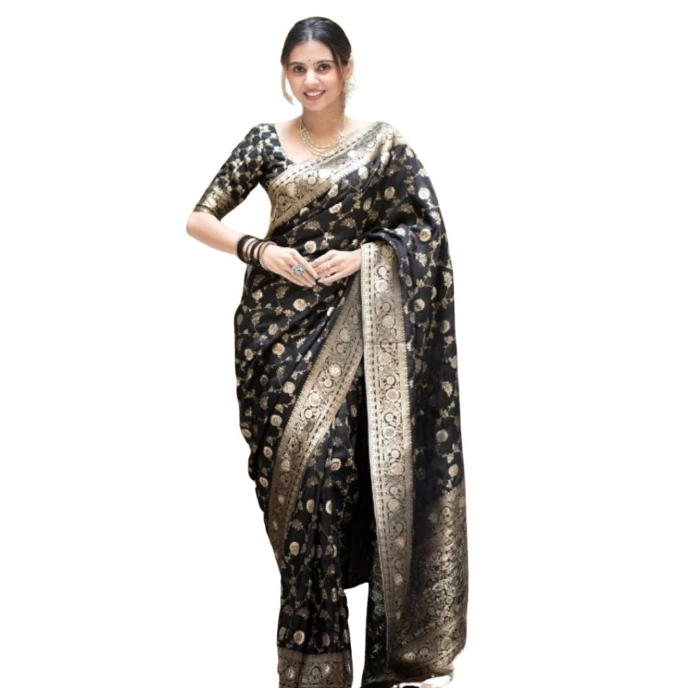 Generic Women's Silk Printed Saree With Unstitched Blouse 5.5Mtr (Black) Main image