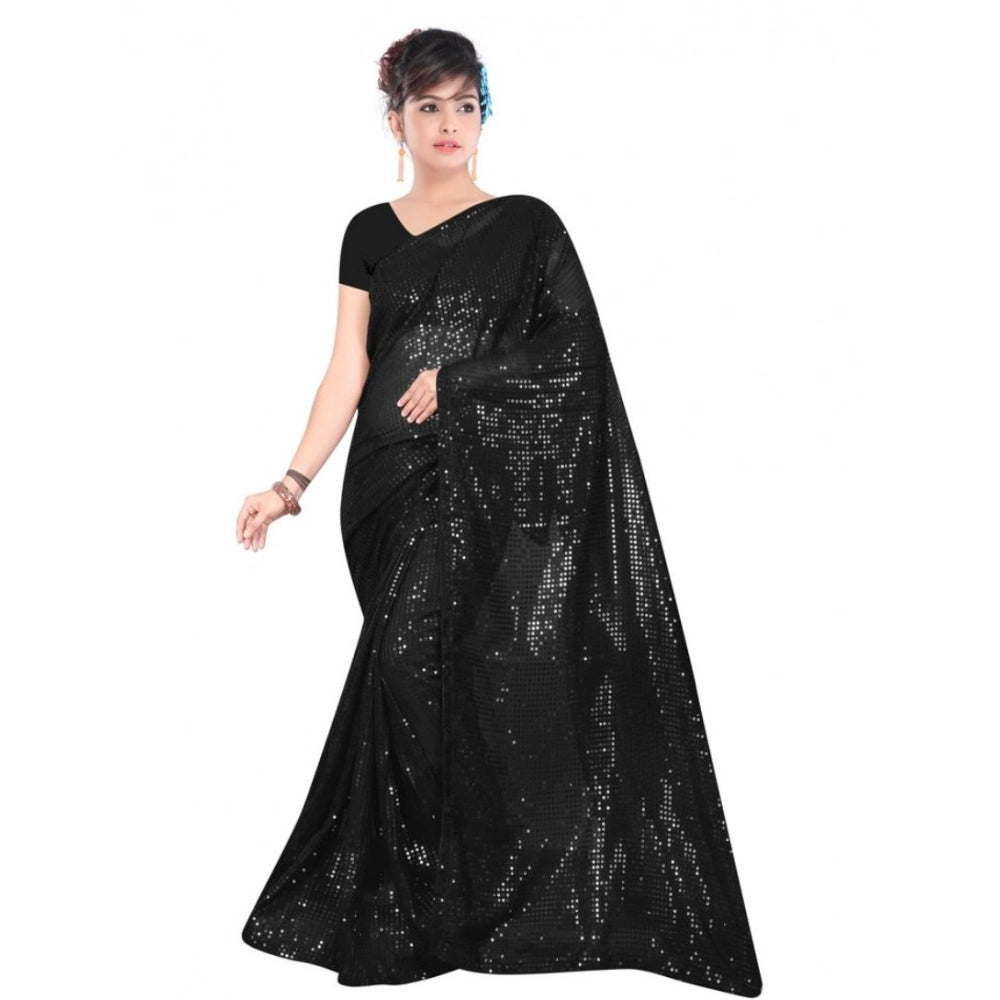 Generic Women's Georgette Embellished Sequnece Bollywood Saree With Unstitched Blouse 5.5Mtr (Black) Main image