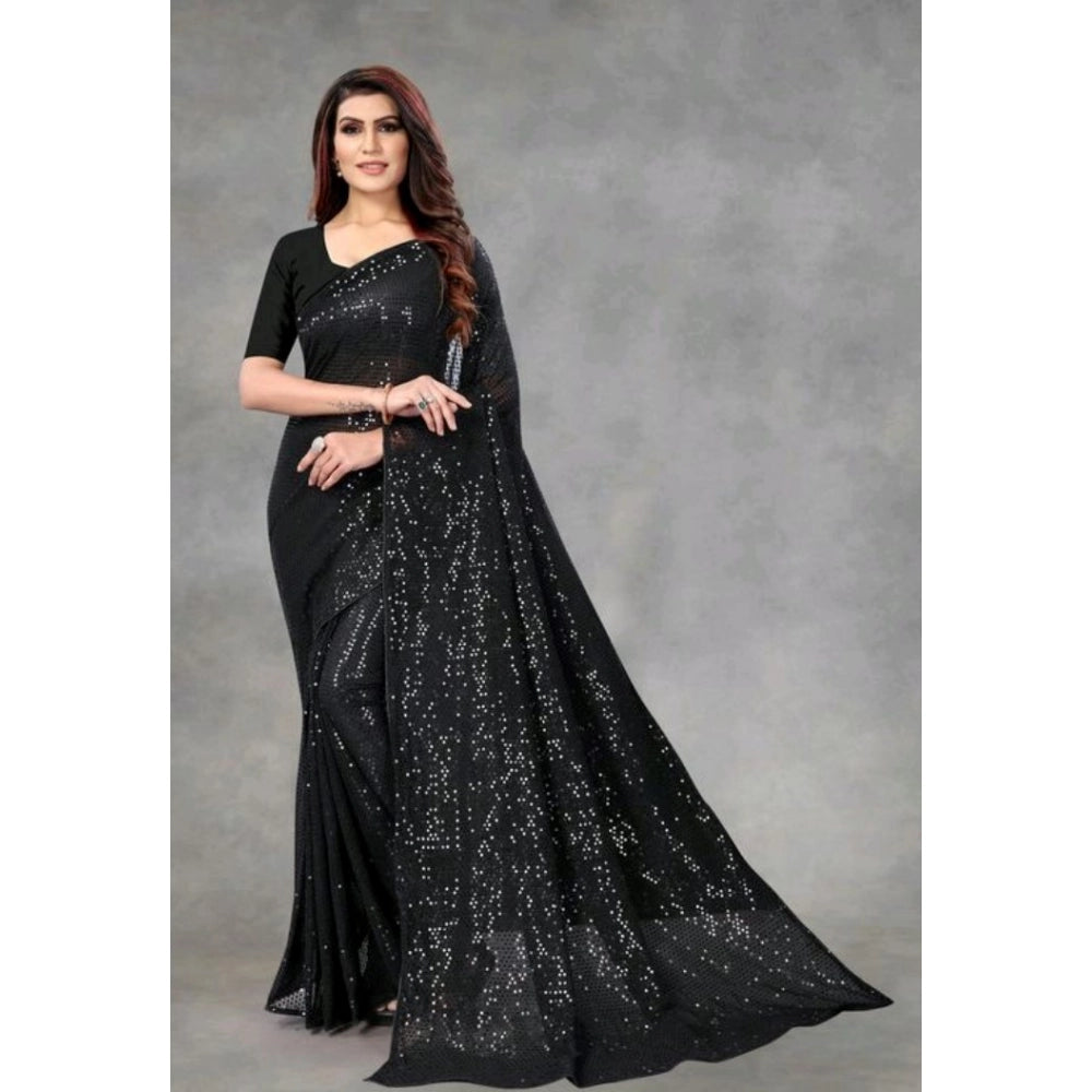 Generic Women's Georgette Embellished Sequnece Bollywood Saree With Unstitched Blouse 5.5Mtr (Black) Main image