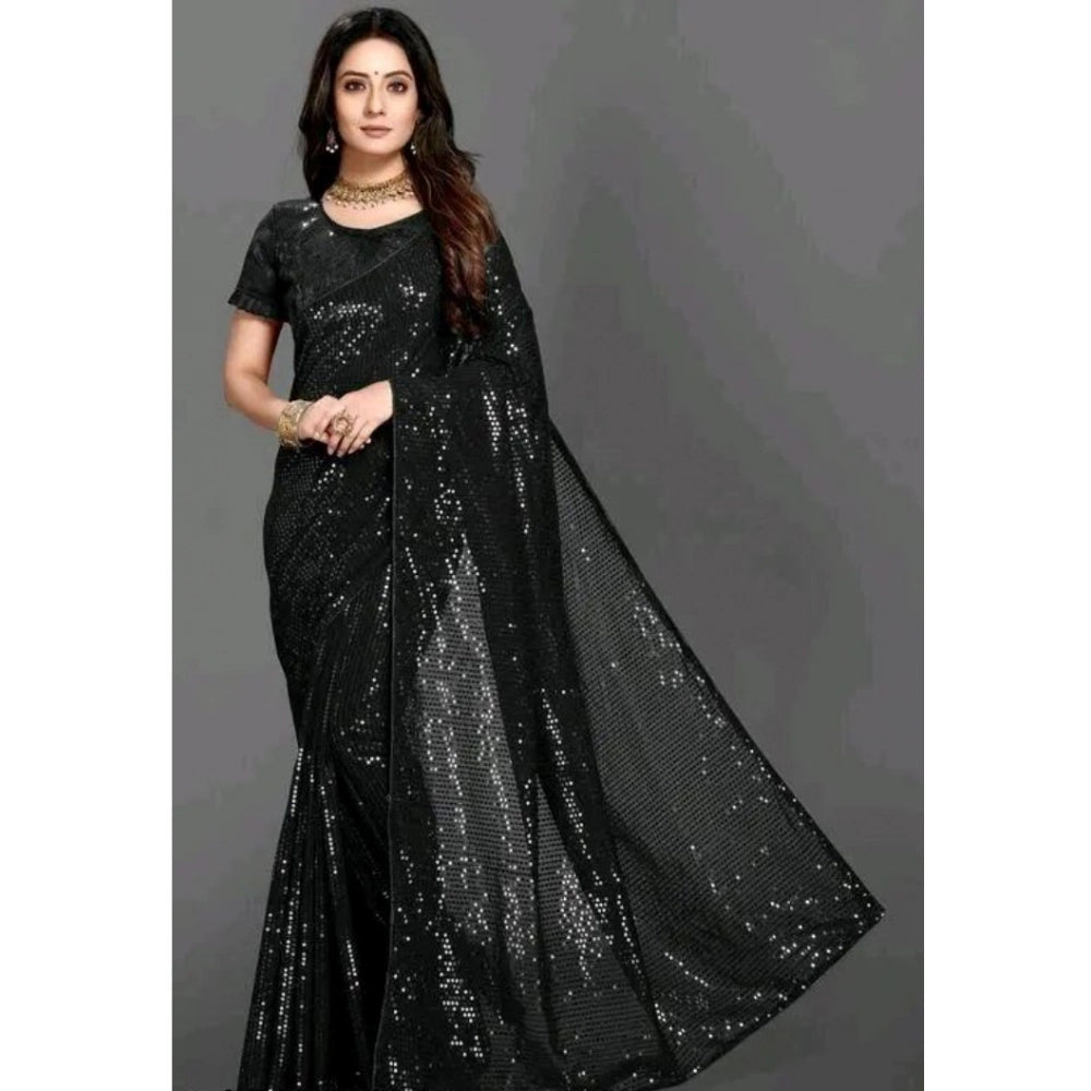 Generic Women's Georgette Embellished Sequnece Bollywood Saree With Unstitched Blouse 5.5Mtr (Black) Main image