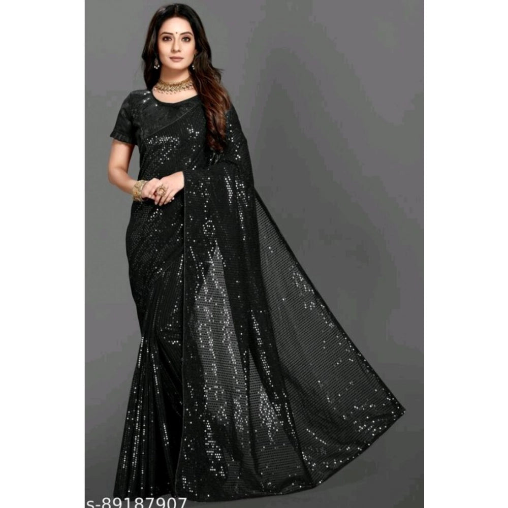 Generic Women's Georgette Embellished Sequnece Bollywood Saree With Unstitched Blouse 5.5Mtr (Black) Main image