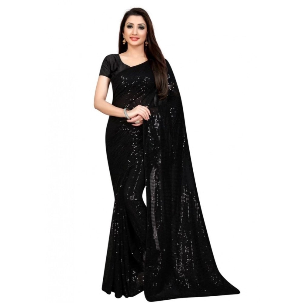 Generic Women's Georgette Embellished Sequnece Bollywood Saree With Unstitched Blouse 5.5Mtr (Black) Main image