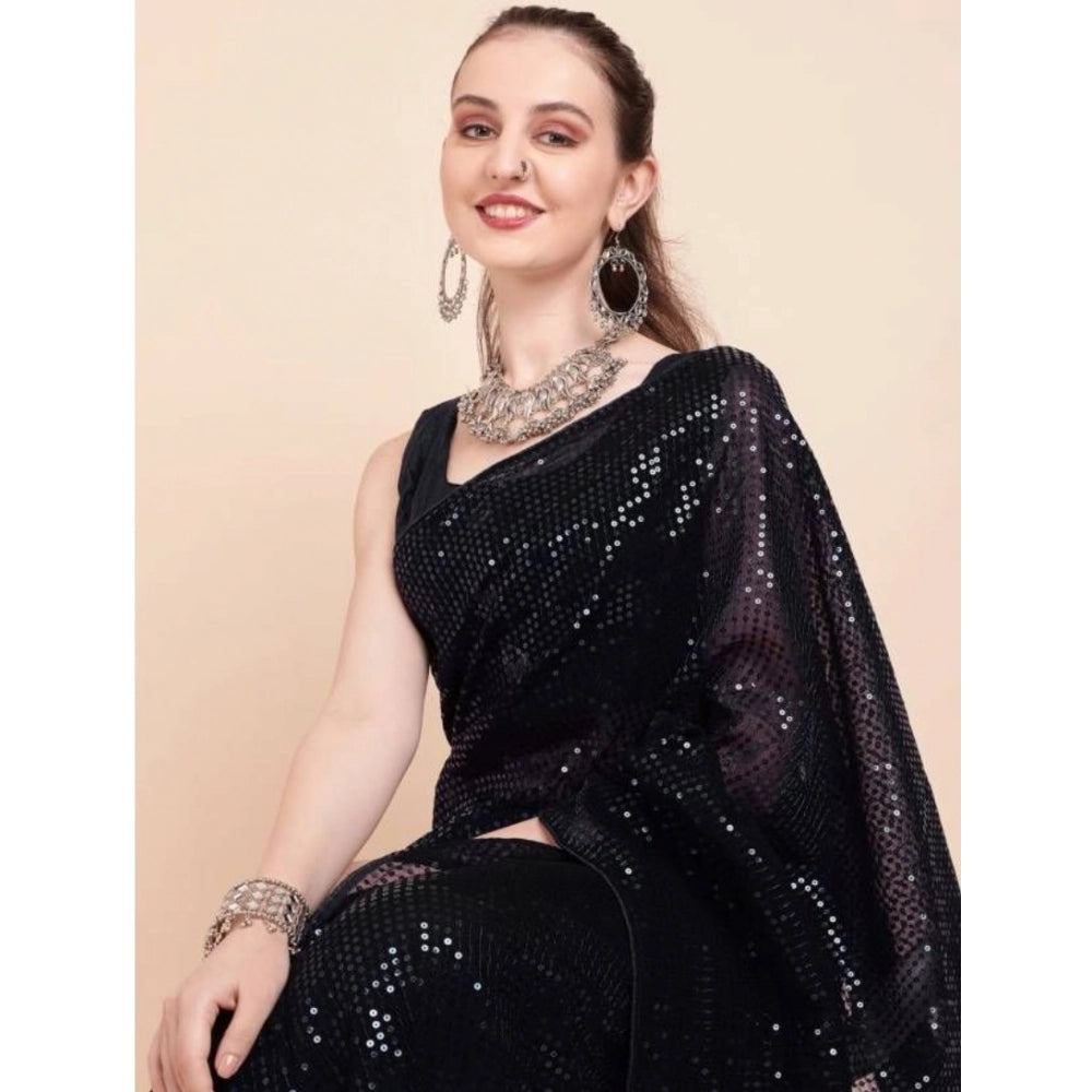 Generic Women's Georgette Embellished Sequnece Bollywood Saree With Unstitched Blouse 5.5Mtr (Black) Main image