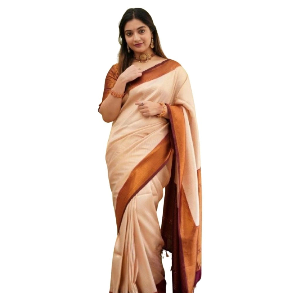 Generic Women's Silk Printed Saree With Unstitched Blouse 5.5Mtr (Cream) Main image