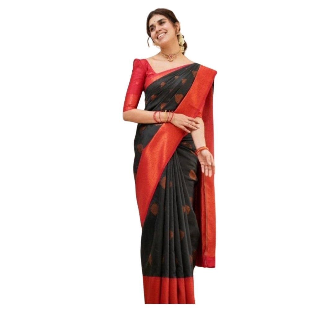 Generic Women's Silk Printed Saree With Unstitched Blouse 5.5Mtr (Black) Main image