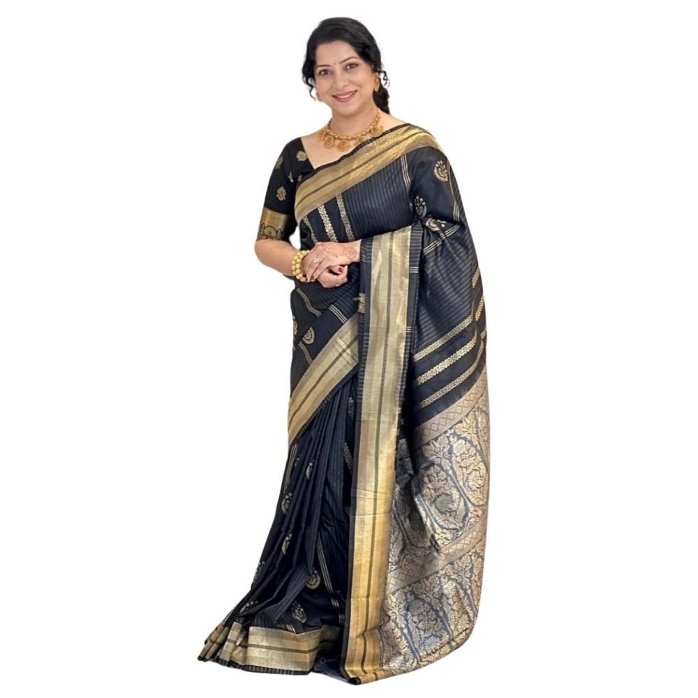 Generic Women's Silk Printed Saree With Unstitched Blouse 5.5Mtr (Black) Main image