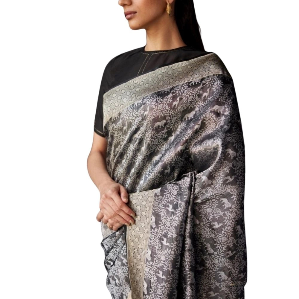 Generic Women's Silk Printed Saree With Unstitched Blouse 5.5Mtr (Grey) Main image