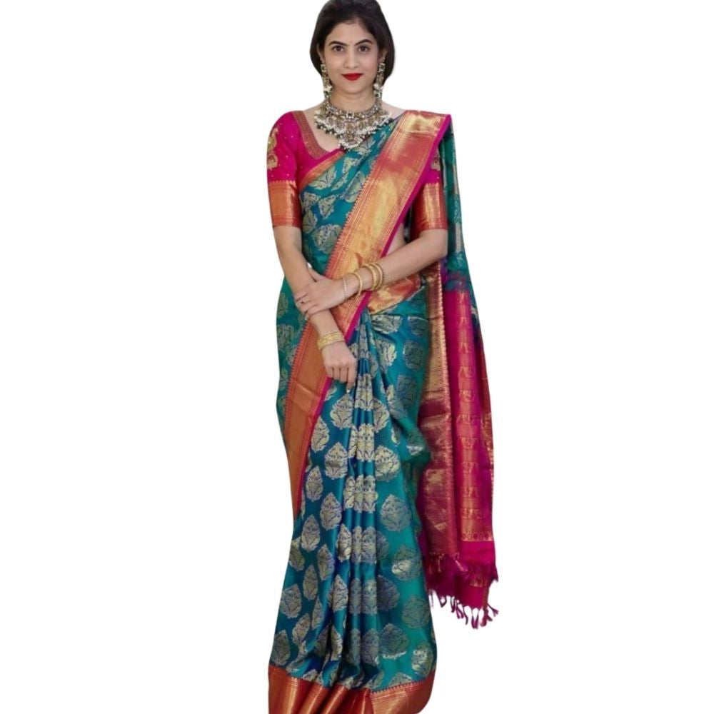 Generic Women's Silk Printed Saree With Unstitched Blouse 5.5Mtr (Teal Blue) Main image