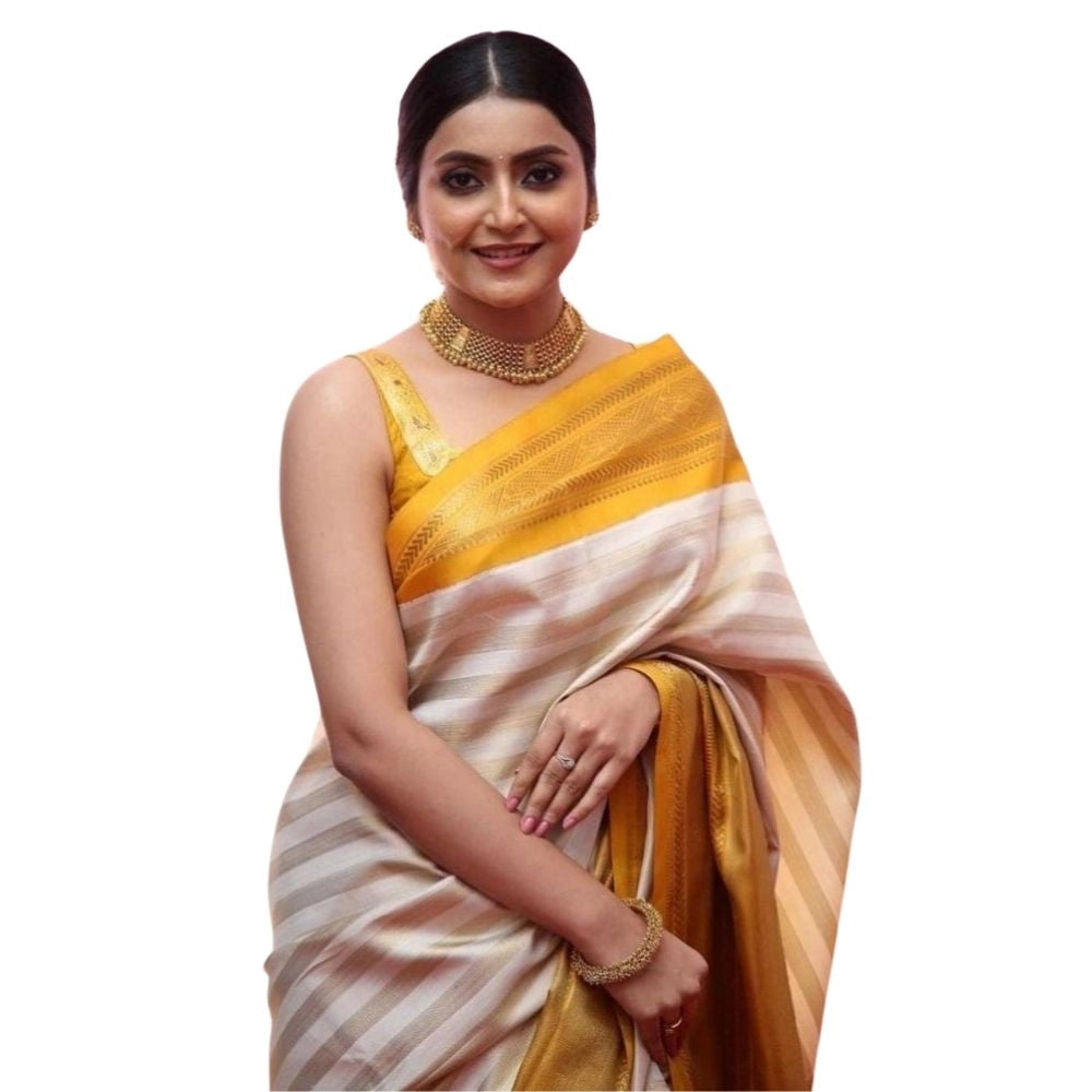 Generic Women's Silk Printed Saree With Unstitched Blouse 5.5Mtr (Off White-Yellow) Main image