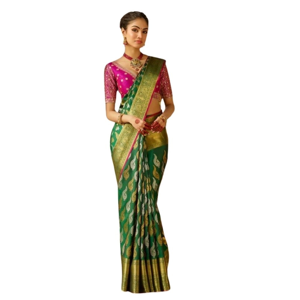 Generic Women's Silk Printed Saree With Unstitched Blouse 5.5Mtr (Green) Main image