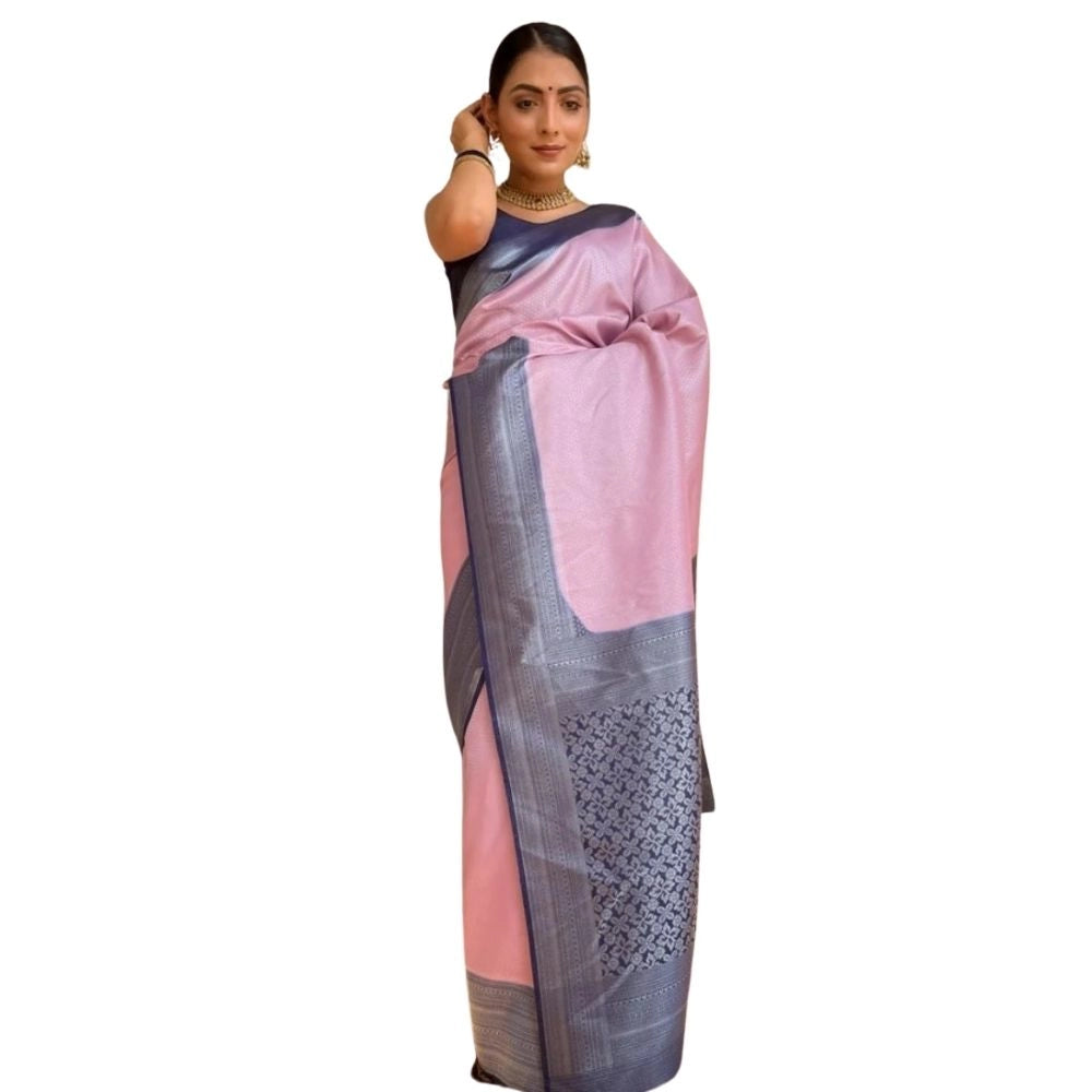 Generic Women's Silk Printed Saree With Unstitched Blouse 5.5Mtr (Pink) Main image