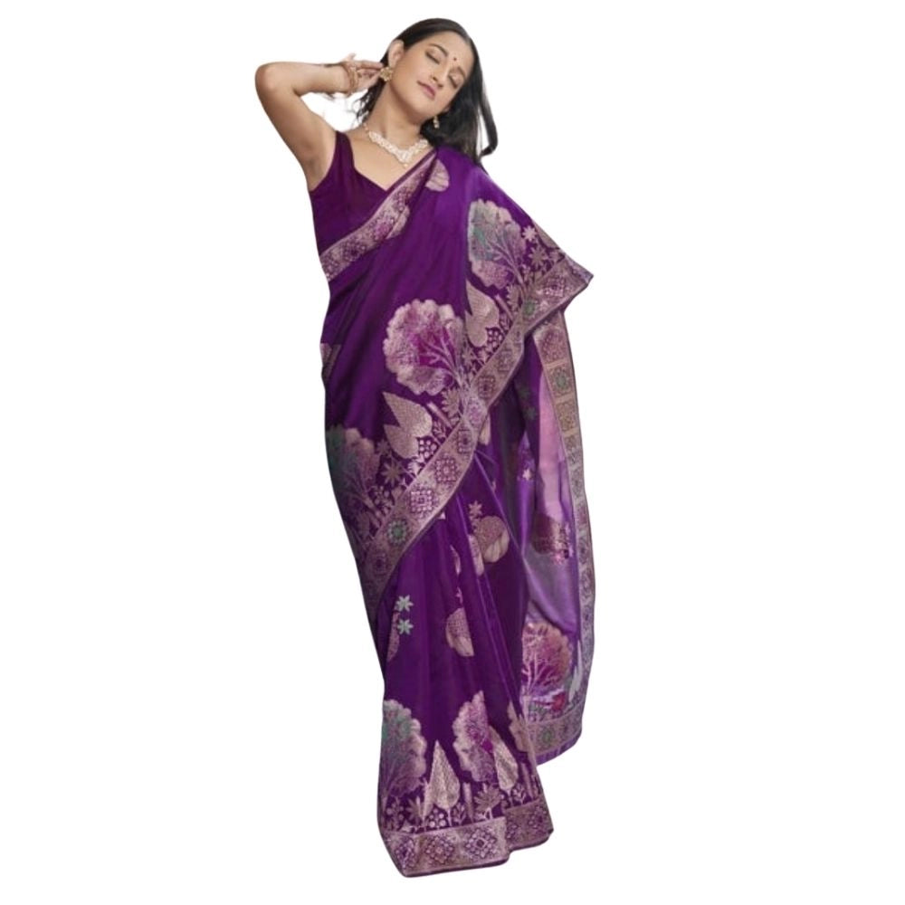 Generic Women's Silk Printed Saree With Unstitched Blouse 5.5Mtr (Purple) Main image