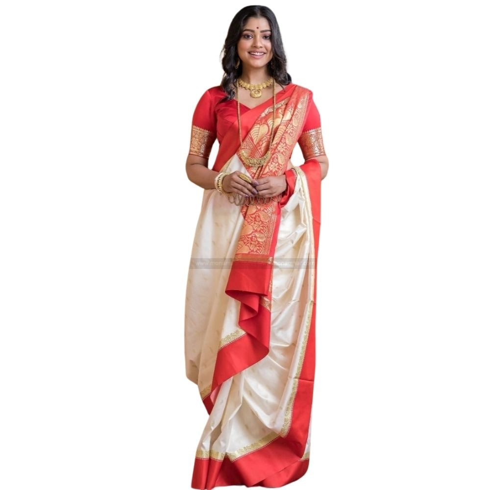 Generic Women's Silk Printed Saree With Unstitched Blouse 5.5Mtr (White-Red) Main image