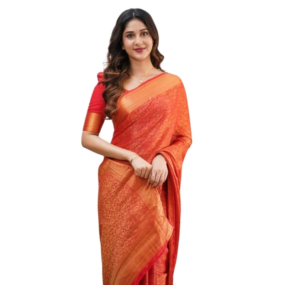 Generic Women's Silk Printed Saree With Unstitched Blouse 5.5Mtr (Orange) Main image