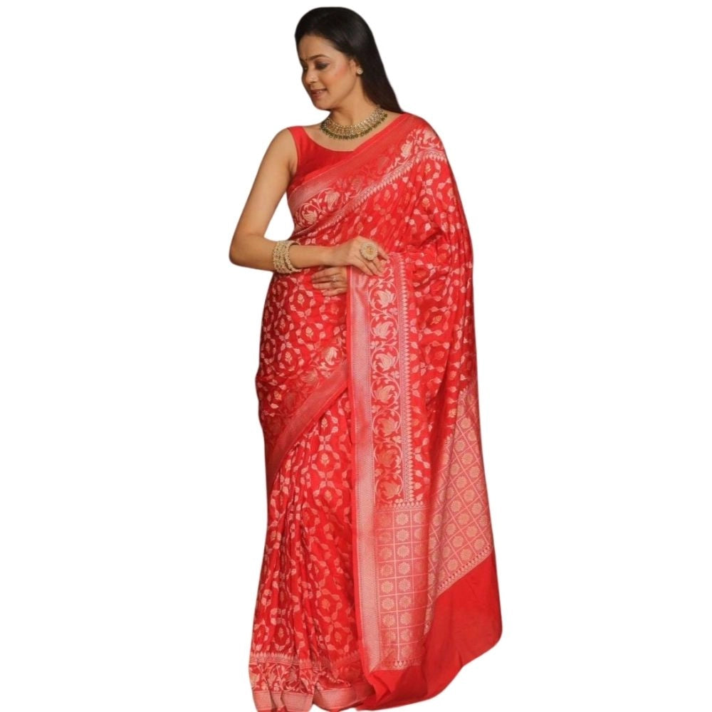 Generic Women's Silk Printed Saree With Unstitched Blouse 5.5Mtr (Orange) Main image