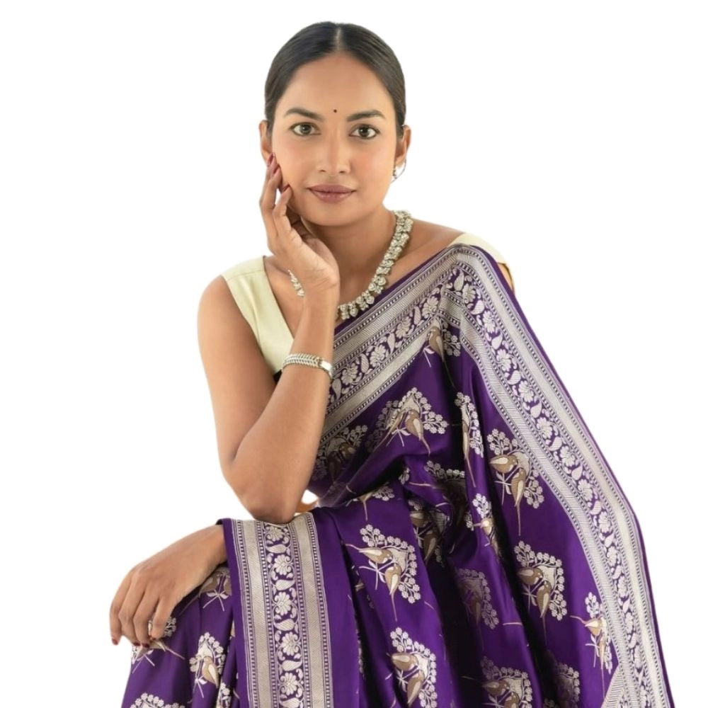 Generic Women's Silk Printed Saree With Unstitched Blouse 5.5Mtr (Purple) Main image
