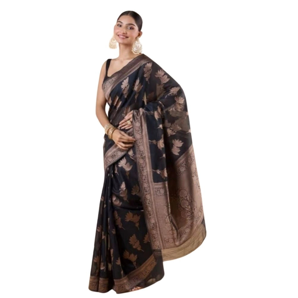Generic Women's Silk Printed Saree With Unstitched Blouse 5.5Mtr (Black) Main image