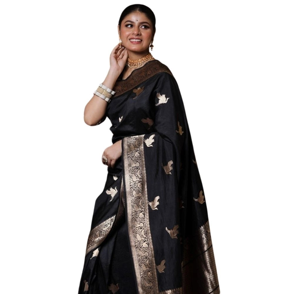 Generic Women's Silk Printed Saree With Unstitched Blouse 5.5Mtr (Black) Main image