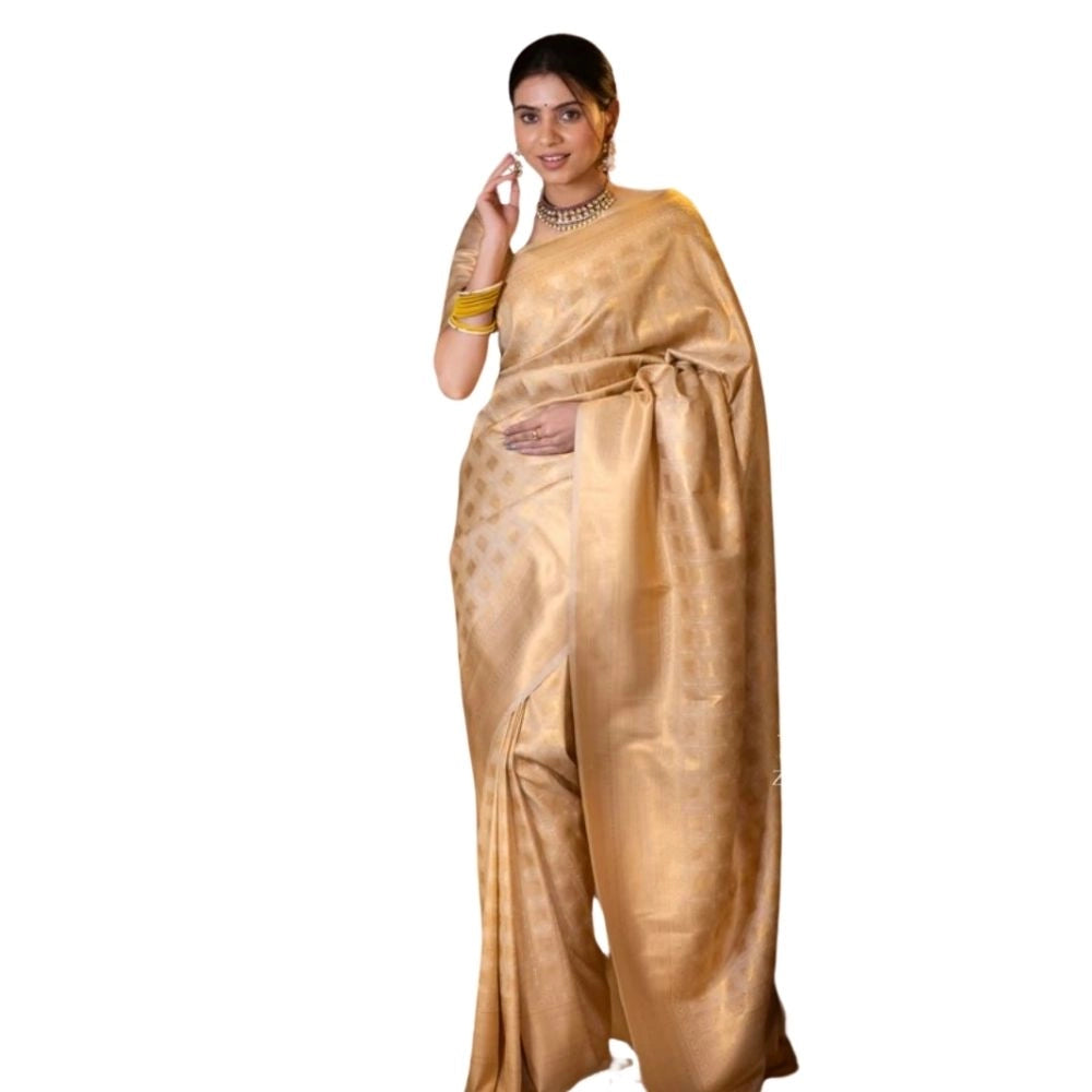 Generic Women's Silk Printed Saree With Unstitched Blouse 5.5Mtr (Cream) Main image