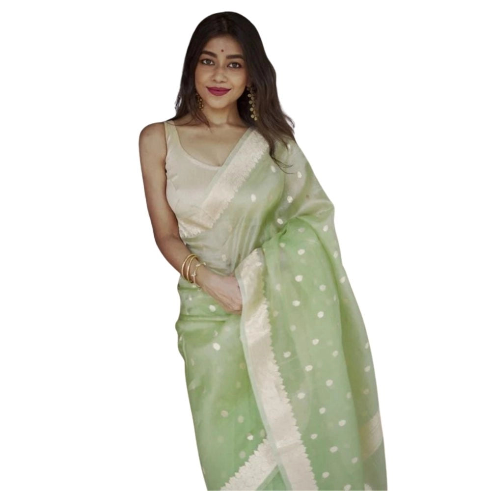 Generic Women's Cotton  Printed Saree With Unstitched Blouse 5.5Mtr (Pista) Main image